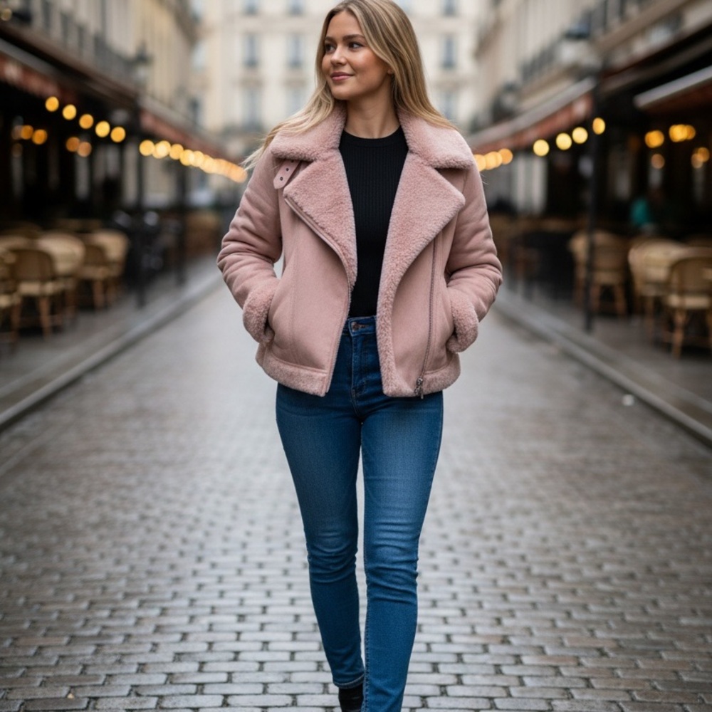 H&M Dusty Pink Faux Shearling Aviator Jacket size Medium